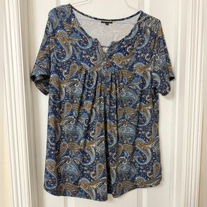 a.Jesdani paisley blue tan short sleeve blouse size 2X